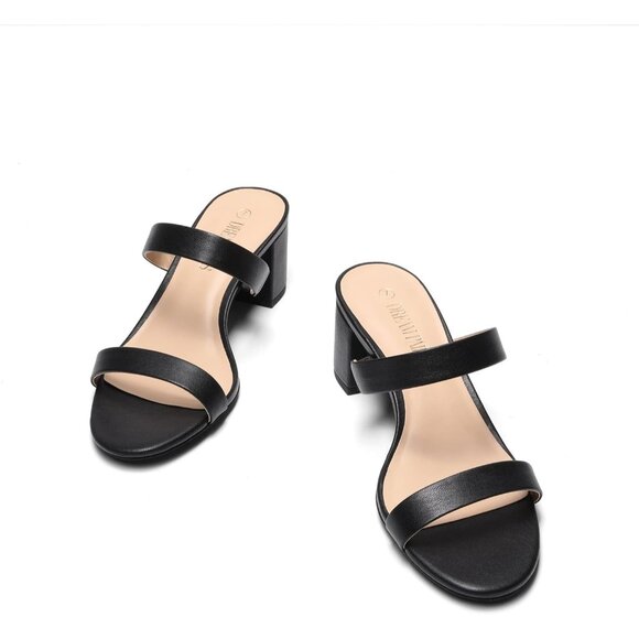 🆕Women Black PU Polyurethane Two Strap Open Toe Low Block Chunky Heel Sandals - Picture 6 of 8